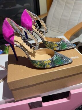 Christian Louboutin Multicolor Sequin Pointed Pumps with Pink Suede Heel